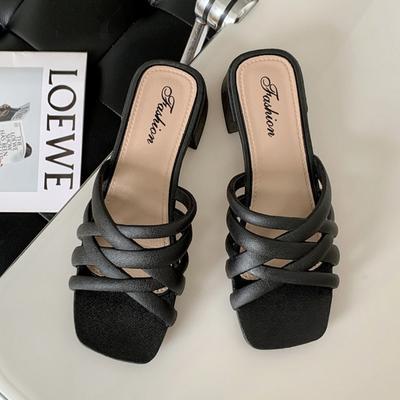 Fashion Slippers Women's 2025 Summer New Outer Wear Medium Heel Solid Color Hollow Casual Beach Thick Heel Cool Slippers Women's