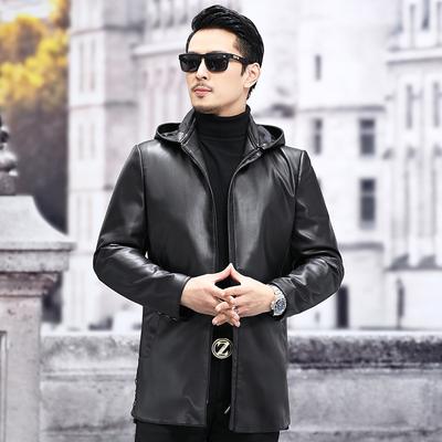Herbst Herren Ledermantel Schaffell Ledermantel Mittellange Kapuze Freizeitjacke Jugend Ledermantel Winddicht Neu