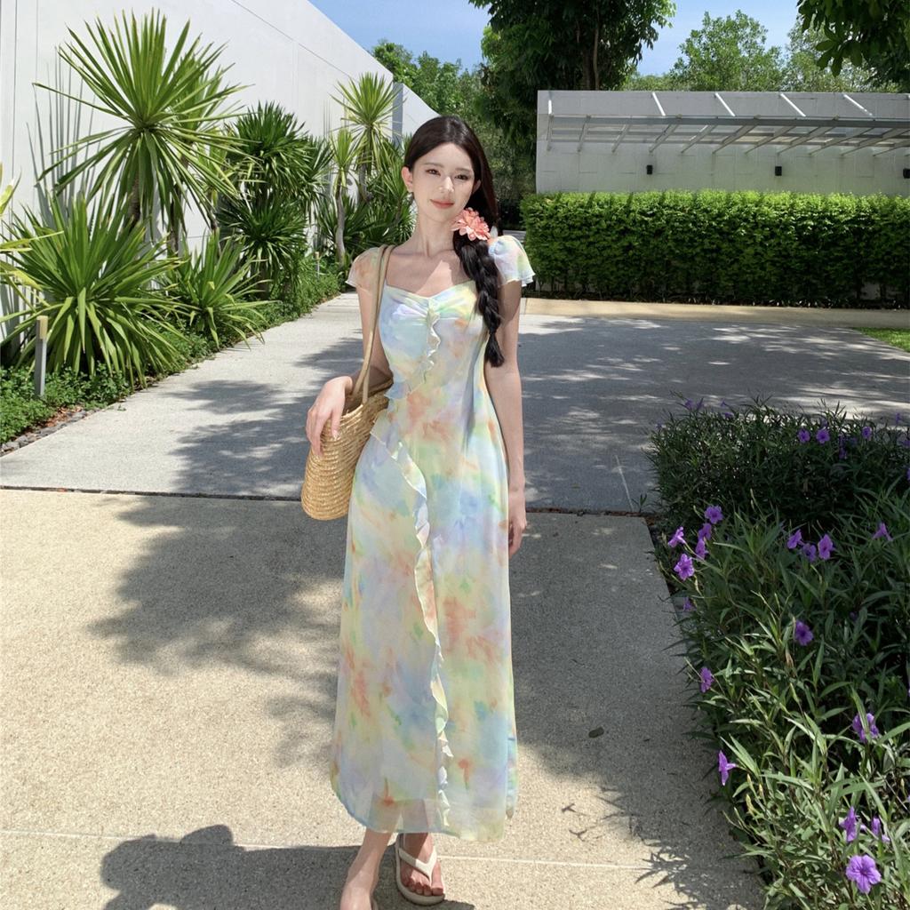 French Romantic Smudged Chiffon Temperament Seaside Vacation Dress Summer Oil Painting Flying Sleeves Slim Fairy Long Dress
