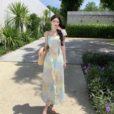 French Romantic Smudged Chiffon Temperament Seaside Vacation Dress Summer Oil Painting Flying Sleeves Slim Fairy Long Dress