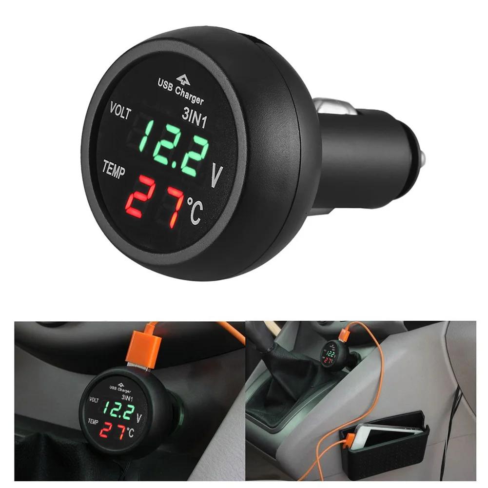 2/1PCS 3-in-1 12V/24V Car Volt Meter LCD Digital Display Car Voltmeter Thermometer Car USB Charger Current Meter Volt Detector