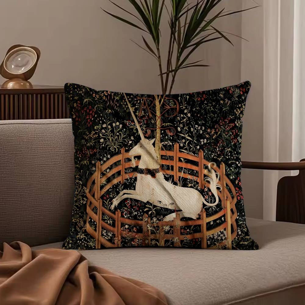 Vintage Medieval Unicorn Art Pillow Case Anti-dustmite Pillowcase Invisible Zipper Silky Short Plush Sofa Cushion Cover