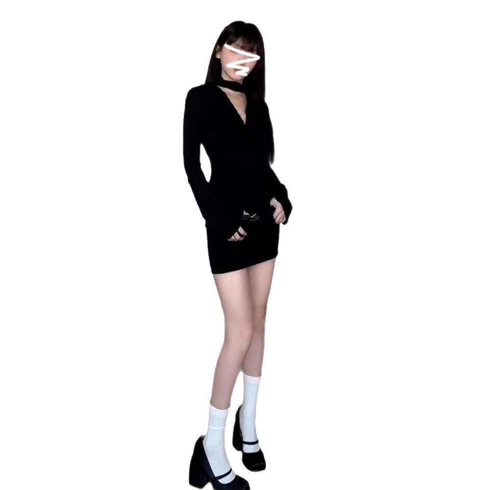 Scharfes Mädchen Schulterfreies Schwarzes Bodycon-Kleid - Frühling/Sommer Sexy Langärmeliges Mini-Kleid