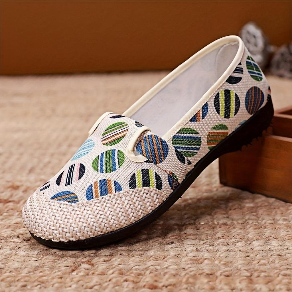 Women's Slip-On Flat Canvas Fisherman Shoes with Colorful Striped Pattern, Uppe Comfortable Casual Loafers for All-Day Wear