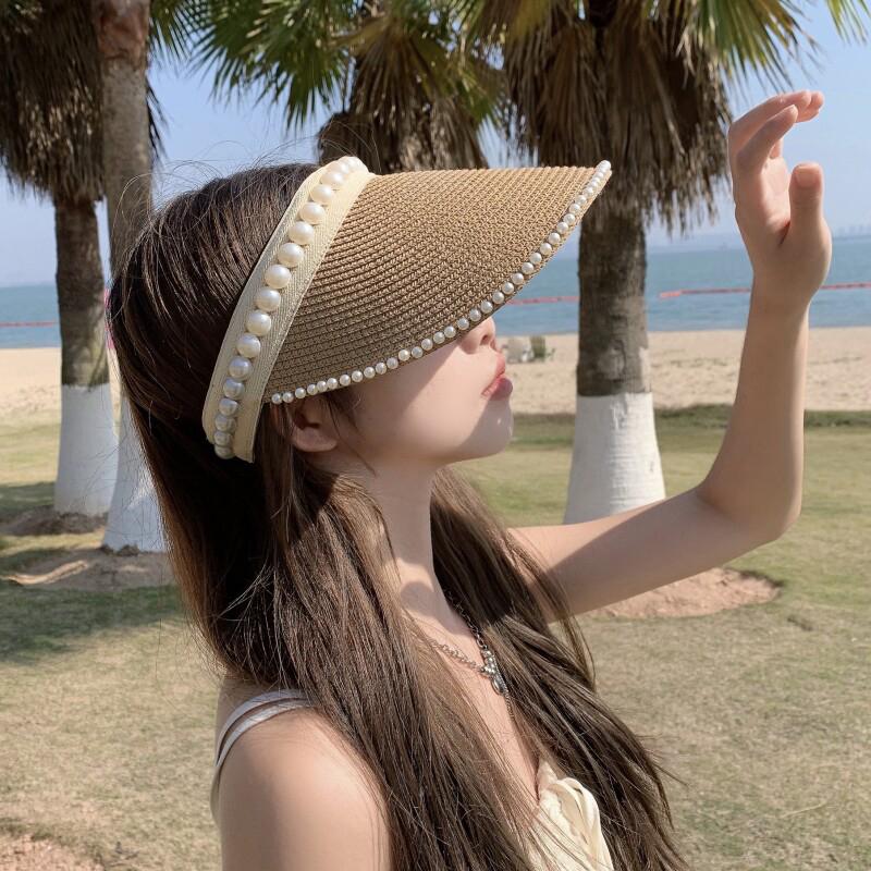 Women'S Summer New Fresh Beach Hat With Pearls Open Top Sun Hat Fashionable Raffia Straw Hat