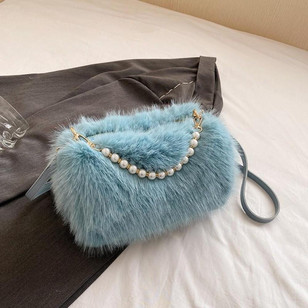 Fashi Faux Fur Shoulder Bag Soft Fluffy Plush Handbag Zipper Solid Color Crossbody Bag