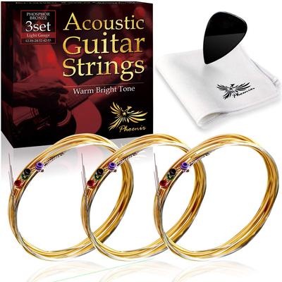 Phoenix Acoustic Guitar Strings Phosphor Bronze Warm Bright Tone 3set Transparent Sound Crisp Feeling Pole End Color Cloth Pick Included