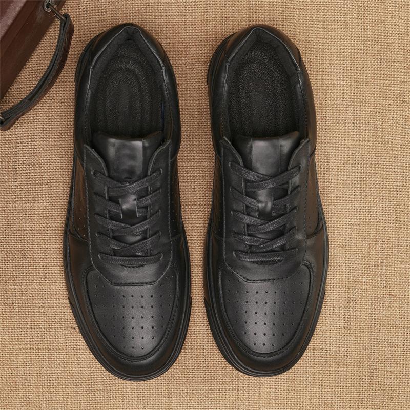 Trendy Leather Black Sneakers for Men's Casual Leather Shoes Height Increasing Thick Soled Small Black Shoes Low Top Casual Sneakers