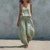 Damen Lässiges V-Ausschnitt Ärmelloses Oberteil und Weite Hosen Set Sommer Loungewear Zweiteiliges Outfit