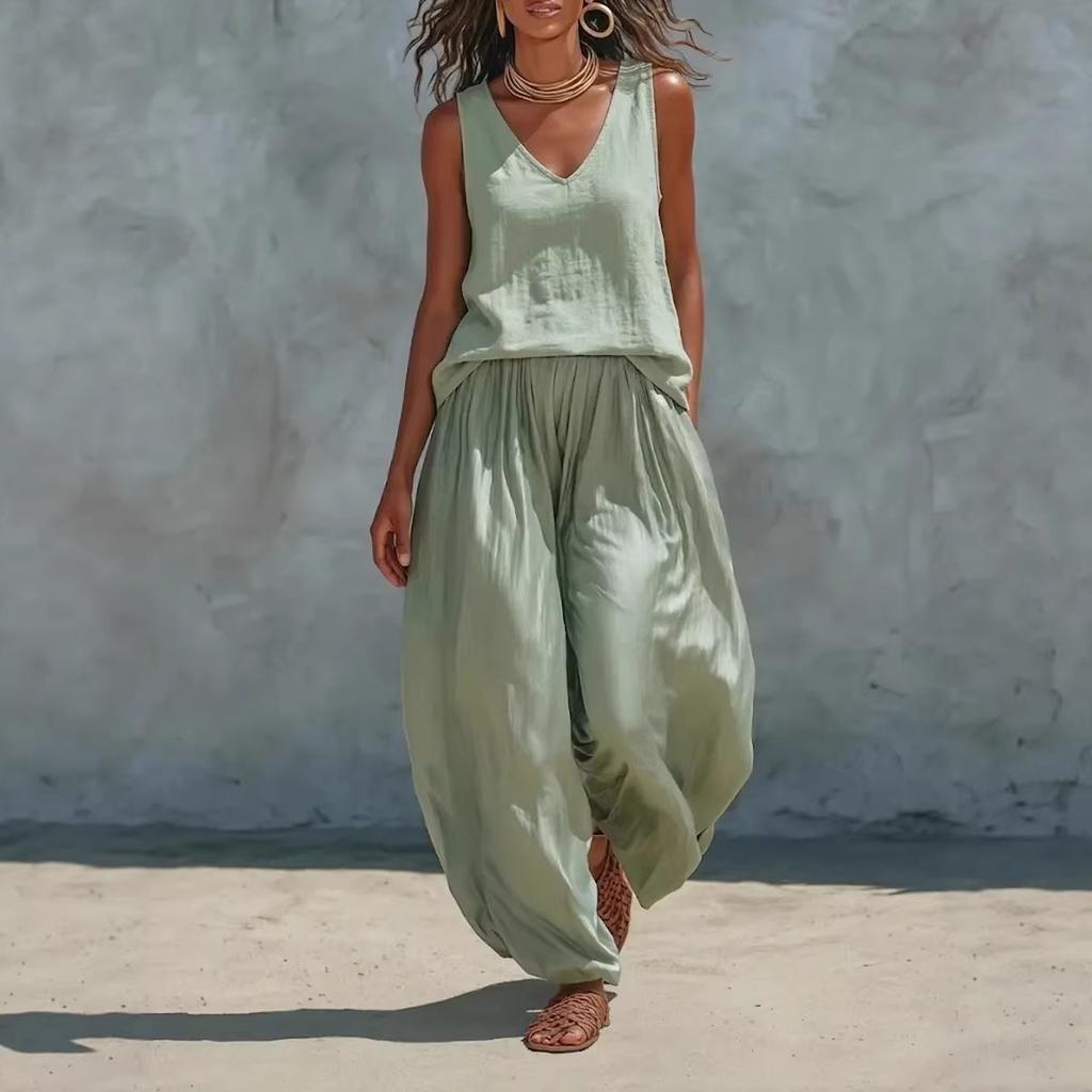 Damen Lässiges V-Ausschnitt Ärmelloses Oberteil und Weite Hosen Set Sommer Loungewear Zweiteiliges Outfit