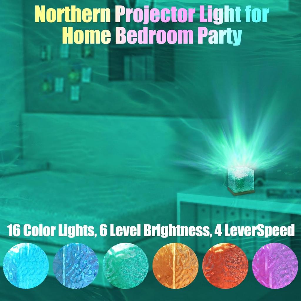 Ozeanwellen-Aurora-Projektorlicht, 16 Farben, dynamisch rotierende Kristalllampe mit Fernbedienung, RGB, dimmbar, für Wohnzimmerdekoration