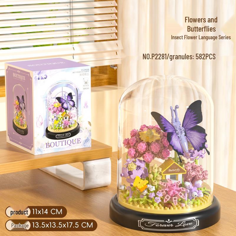 Yu Gao Insect & Hibiscus Rose Building Block Flowers - Compatible with Lego, Assembled Ornament Toys