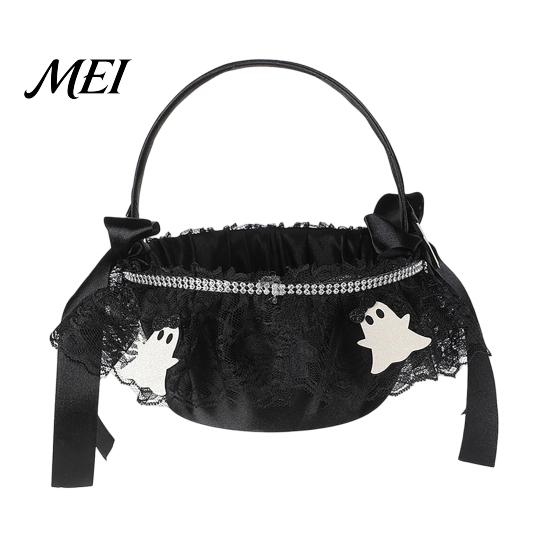 Decorative Ghost Candy Basket Black Flower Girl with Handle And Bow, Gothic Satin Handheld Halloween Decoration Lace for Wedding Ceremony, Bridal