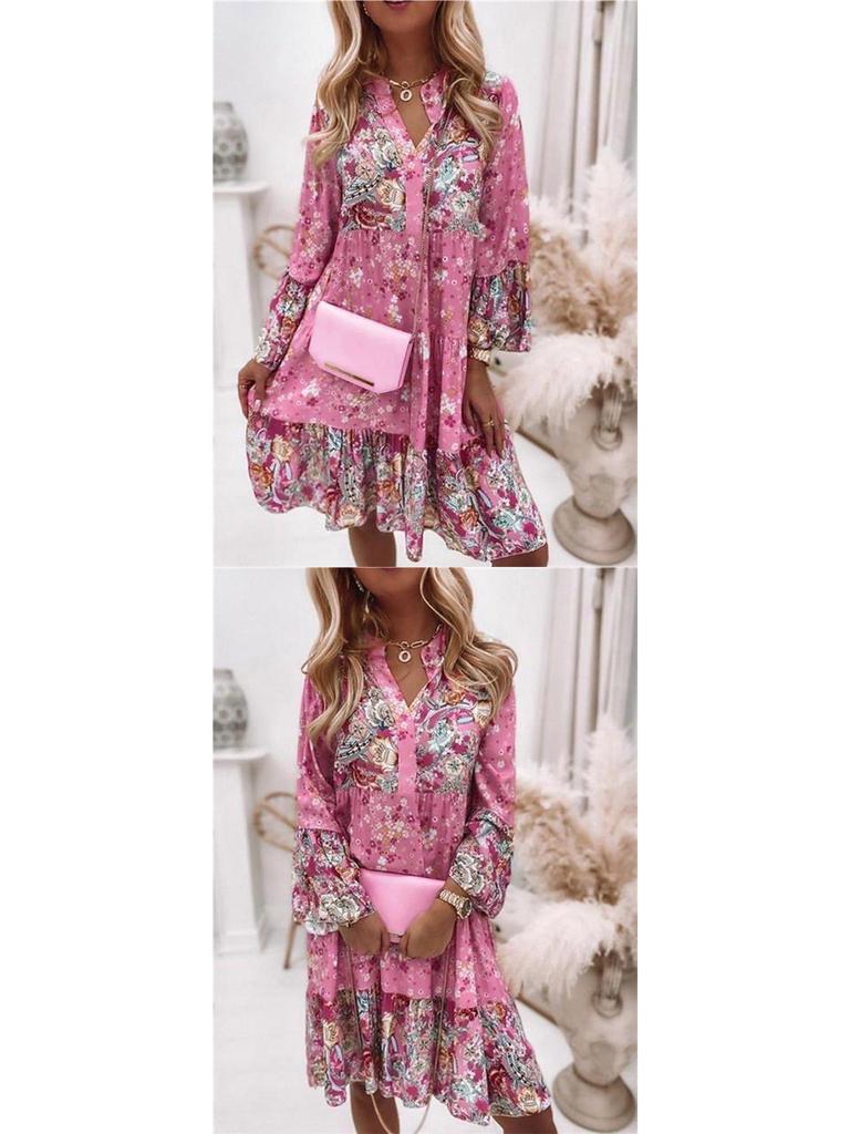 New Summer V-neck Chiffon Pleated Print Dress