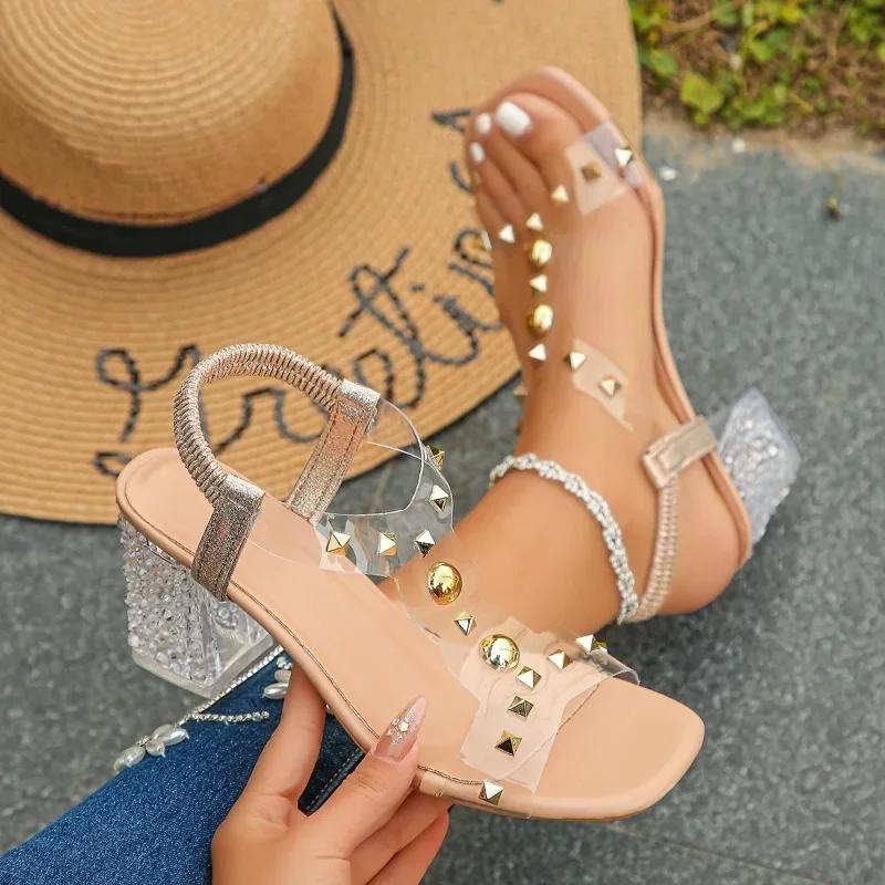 Ladies Shoes  Hot Sale Elastic Band Women's Sandals Fashion Rivet Dress Sandals Women Summer Plus Size Solid Heeled Sandals