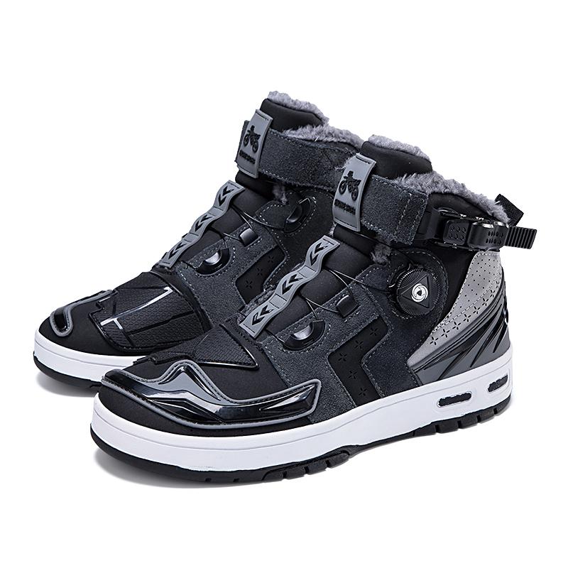 Autumn/Winter UNISEX Plus Velvet Motorcycle Boots Large Size Rotating Buttons Deoxy Leather Anti -sliding Collision Ride Boots Sneaker for Men
