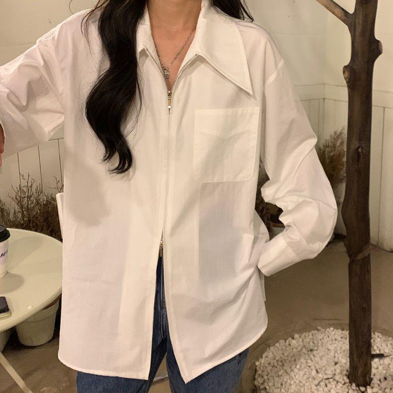 Zipper Women's Jacket Solid Color Double Opening Chest Pocket Turn Down Collar Long Sleeved Outerwear Korean New Style Spring Loose Female Top