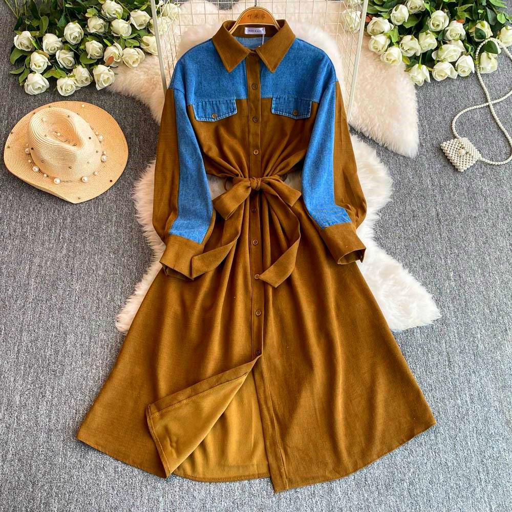 Women's Lapel Long Sleeved Patchwork Denim Loose High Waist Slim Mid Length Dress  Fashion Tide Autumn Dresses