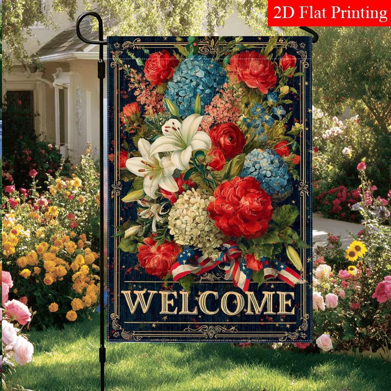 2D Flat, 2D Flat July 4th Rose Lily Hydrangea Bouquet Ribbon Welcome Garden Flag_4-28x40 Inch Outdoor Garden Flag Double-sided Home Decoration Courtya