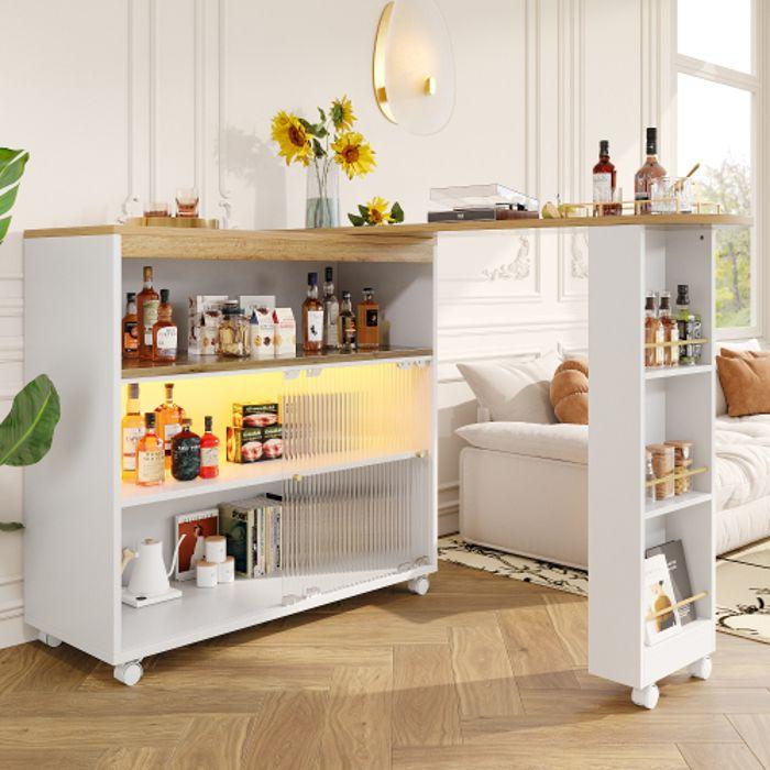 Bar Extensible - Moderne - LED Intégrée - Rangement Avec Portes En Verre - Blanc
