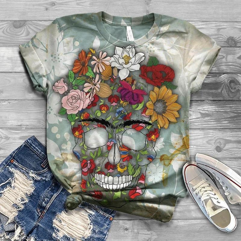 Sommer Rundhals Skelettmuster 3D-Druck Top Modische Lässige Kurzarm Damen T-Shirts