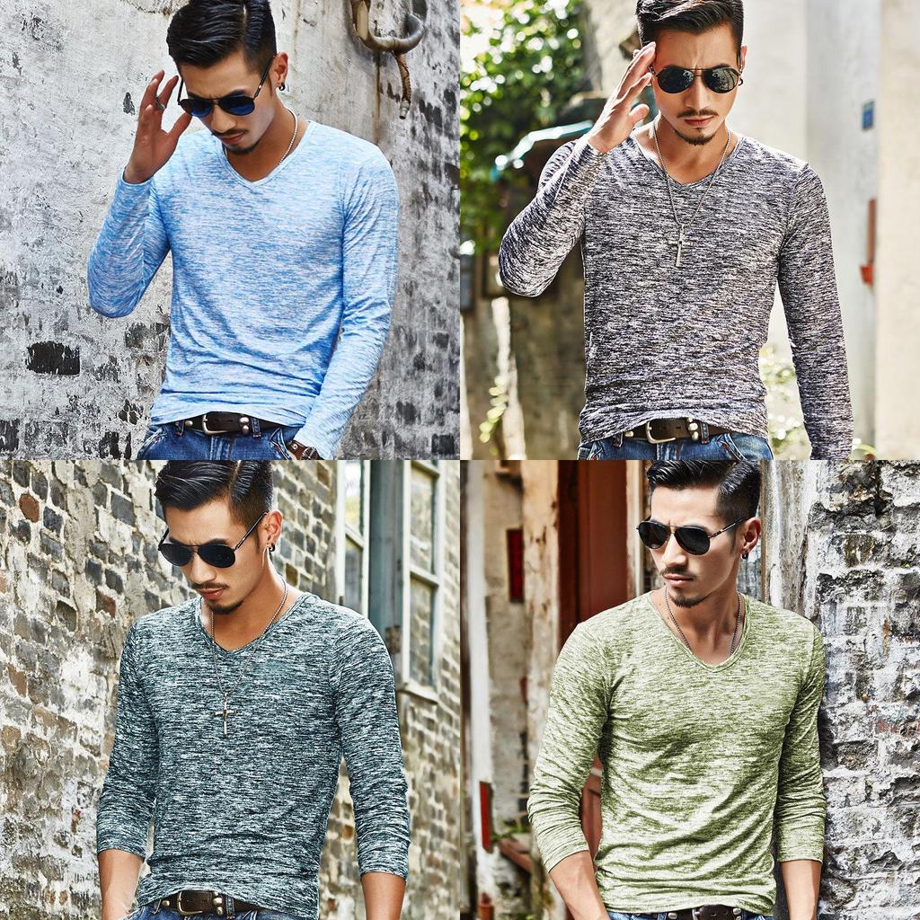 Premium Fashion Men's Muscle Long Sleeve Shirt V-neck Casual Slim Fit Tee For All Occasions