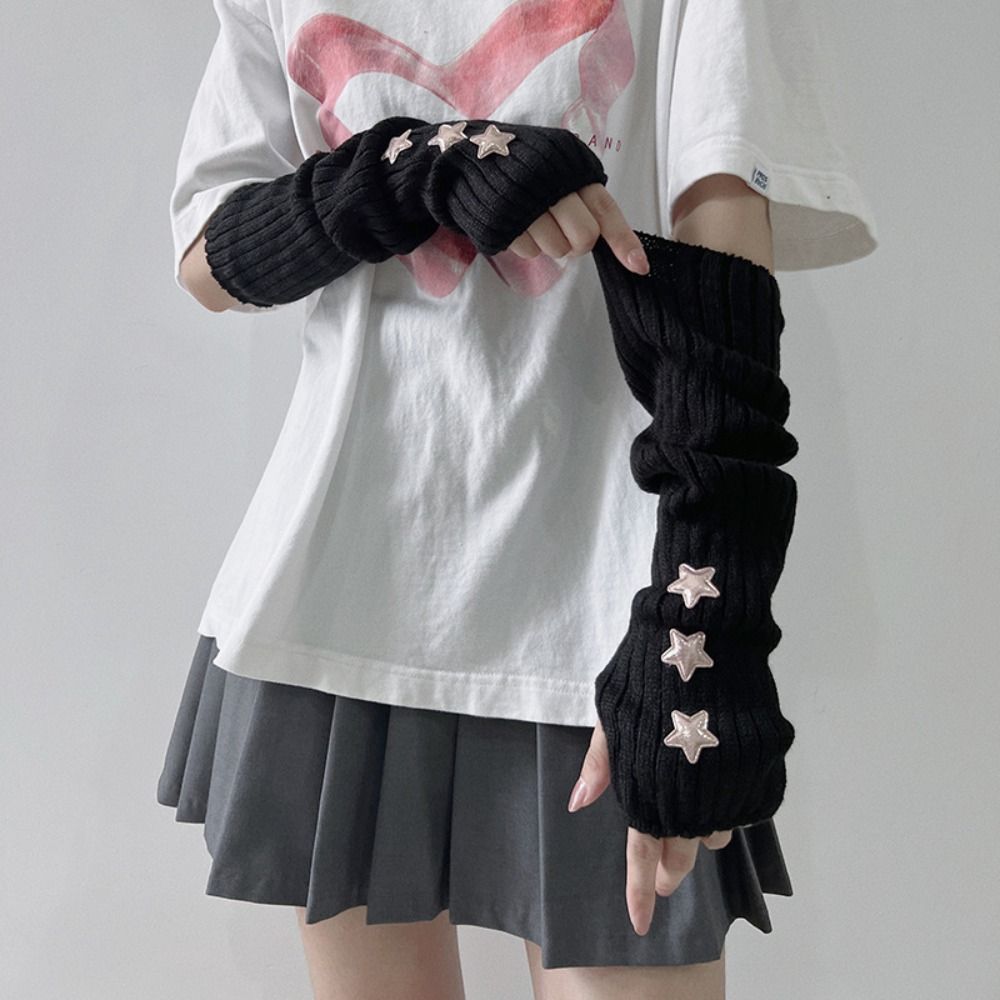 Y2k Arm Warmers Solid Color Wool Sleeve Cuff Cute Star Knitted Gloves  Ladies