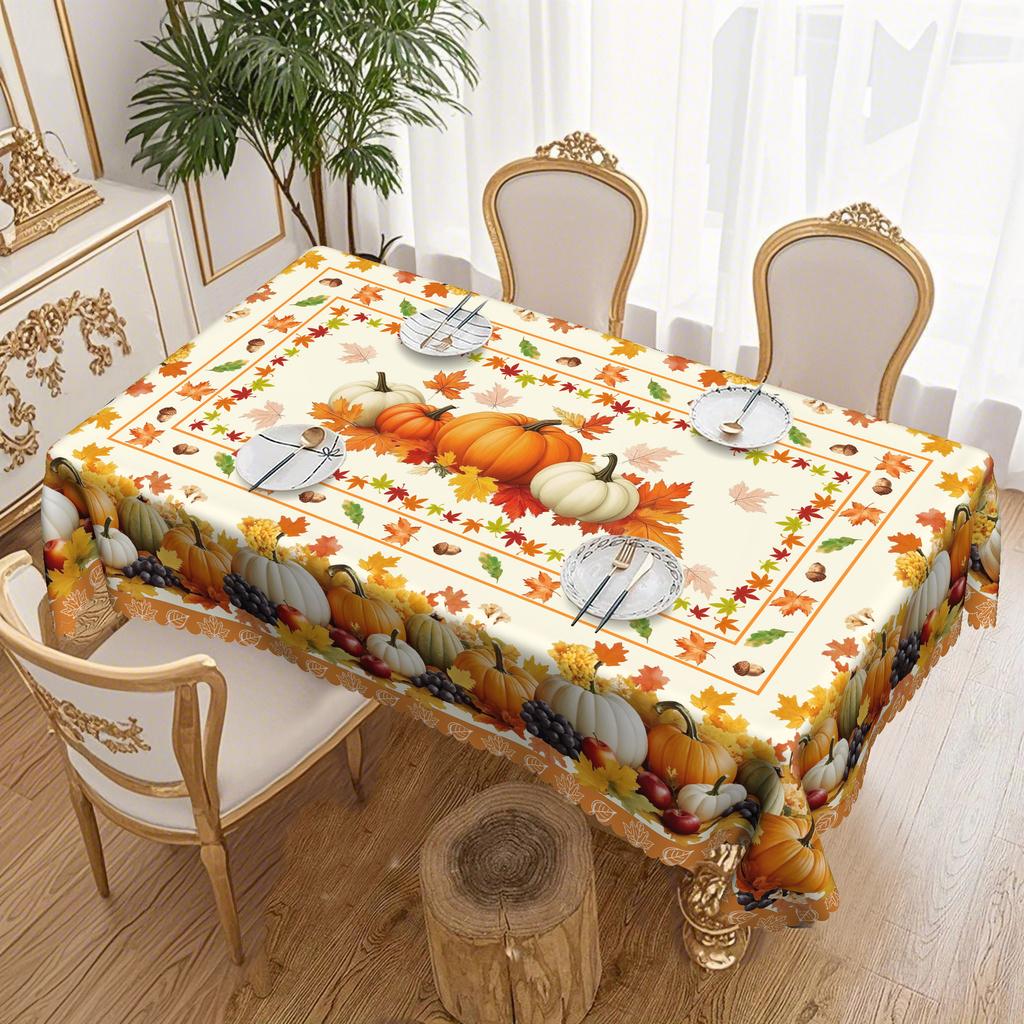 Waterproof And Oil-Proof Dining Table Cloth, Autumn Harvest-Themed Pumpkin, Grape, Maple Leaf Printed Round Rectangular Tablecloth