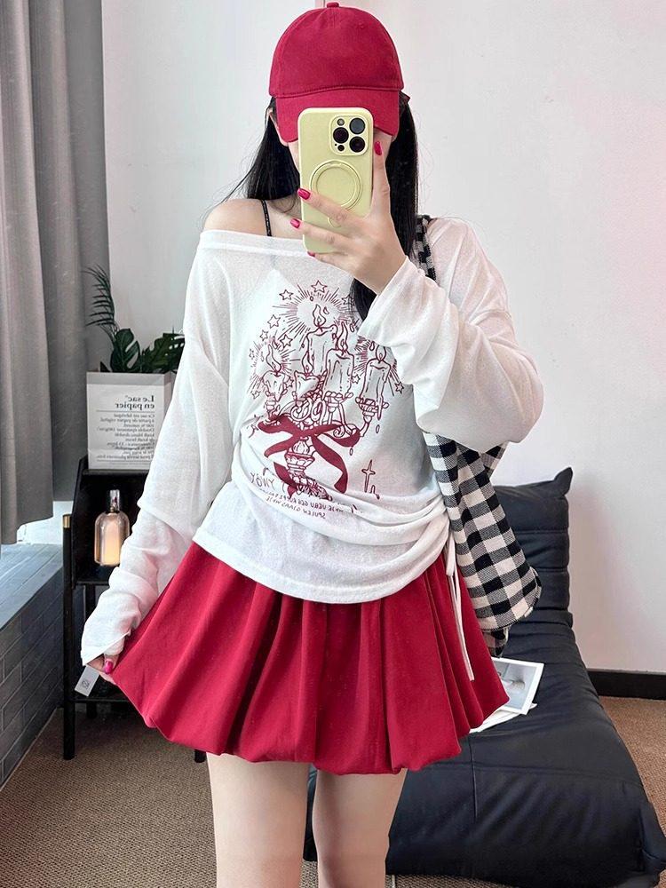 Plus-Size Red Bud Hem Midi Skirt for Women - Autumn Sweet Spicy Girl Cloud Fluffy A-Line Short Skirt