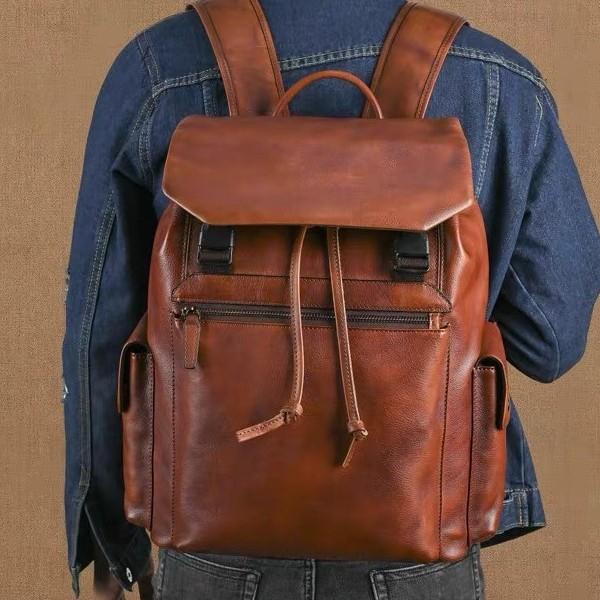 Retro first-layer cowhide backpack hand-polished genuine leather casual large-capacity travel backpack vegetable tanned leather computer bag