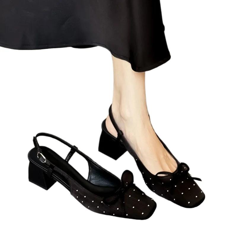 Women's Shoes 2025 High Quality Summer New Baotou Women's Sandals Square Heel Butterfly-knot Square Toe Dress Sandals