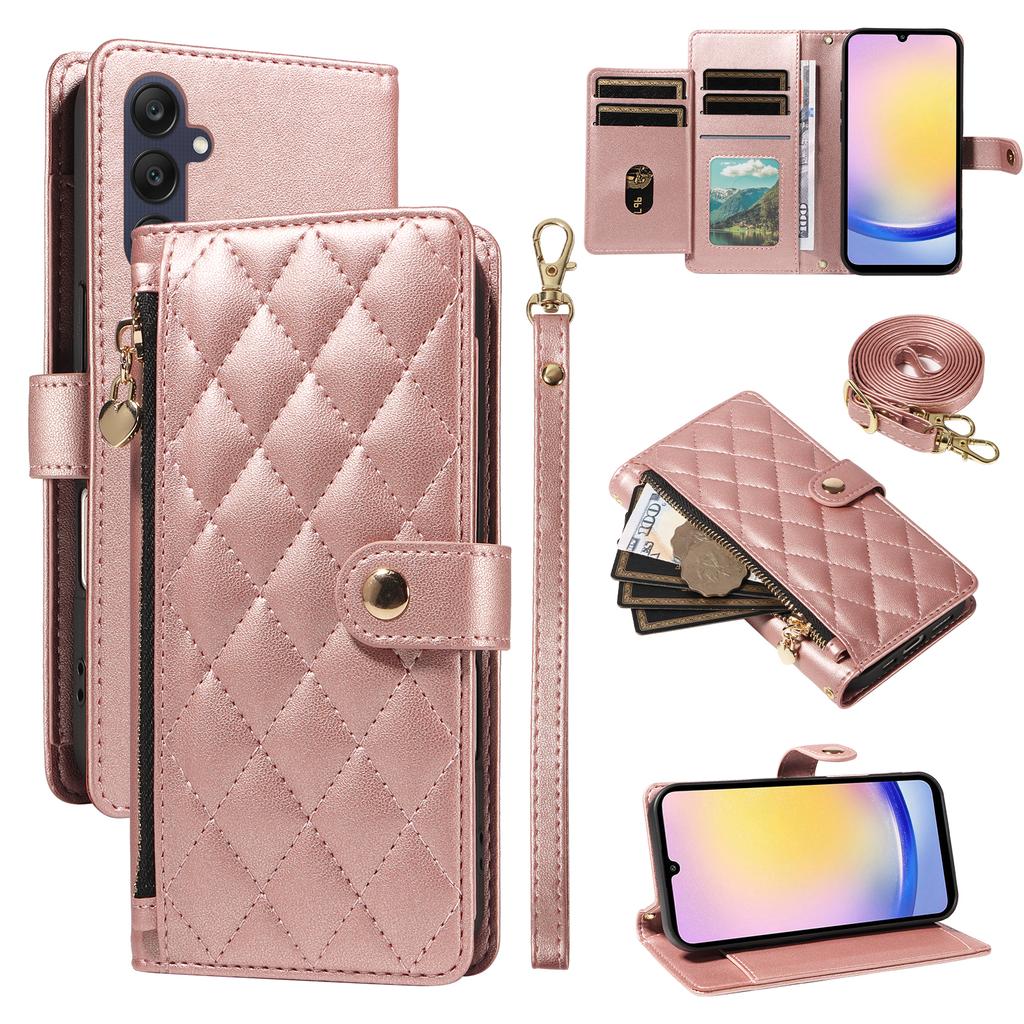 For Samsung Galaxy A25 5G (Global) (161.0 x 76.5 x 8.3mm) Wallet Case with Straps, Rhombus Leather Stand Phone Cover
