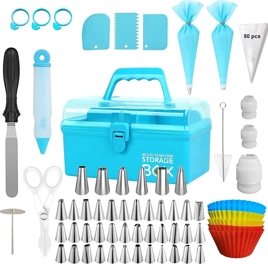Cake Decorating Mouth Set with Three-Layer Storage, Blue Folding Gift Box, Baking Accessories Tools, 115Pcs