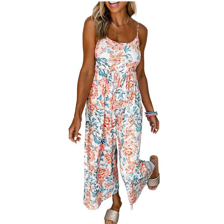 2024 Summer European & American Suspender Jumpsuit with Printed Loose Trousers
