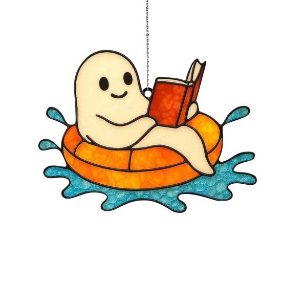 Halloween Reading Ghost Hanging Sign Wooden Bathing Cartoon Ghost Round Sign Indoor Outdoor Porch Door Hanger Wall Hanging Decoration