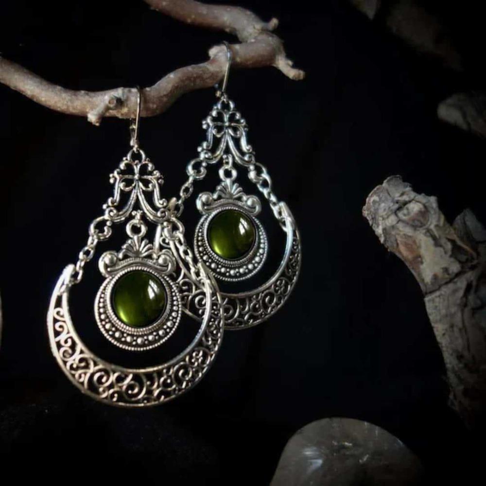 Bohemian Devil Eyes Moon Sliver Color Filigree Colored Gemstones Dangle Earrings for Women Gothic Halloween Party Jewelry Gifts