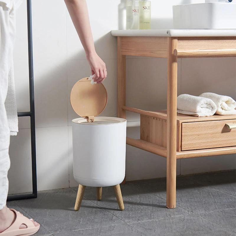 Trash Can with Lid – High Foot Press Dustbin, Wooden Grain Waste Bin for Kitchen, Toilet, Living Room, Office, Hotel