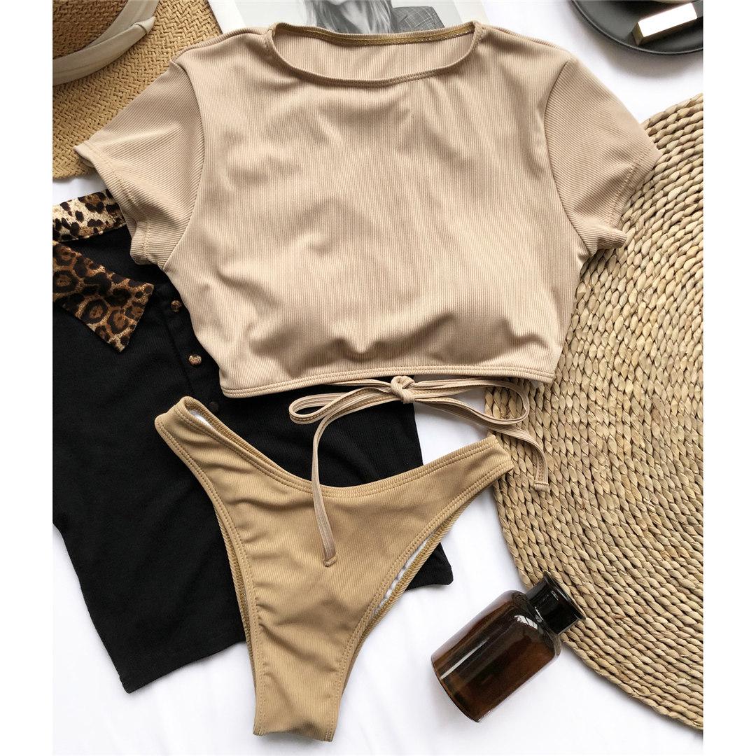 

Ребристый купальник бикини с открытой спиной и короткими рукавами для женщин, женский купальник, комплект из двух частей, купальник с высоким воротом, купальный костюм для плавания S коричневый