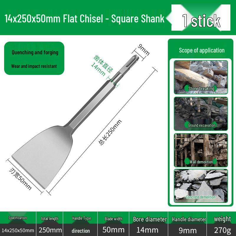 Electric Hammer Drill Bit Set: Square/Round/Hex Shanks, Ultra-Thin Flat/Point Chisel, Shovel, Slotted Wall-Cutting Chisel Head.