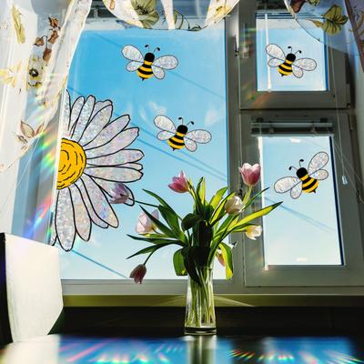 Blumen Fensterfolie Bienen und Blume Statischer Aufkleber Abnehmbarer Regenbogenmacher Fensteraufkleber für Zuhause Büro Schlafzimmer Frühlings-Sommer-Dekoration
