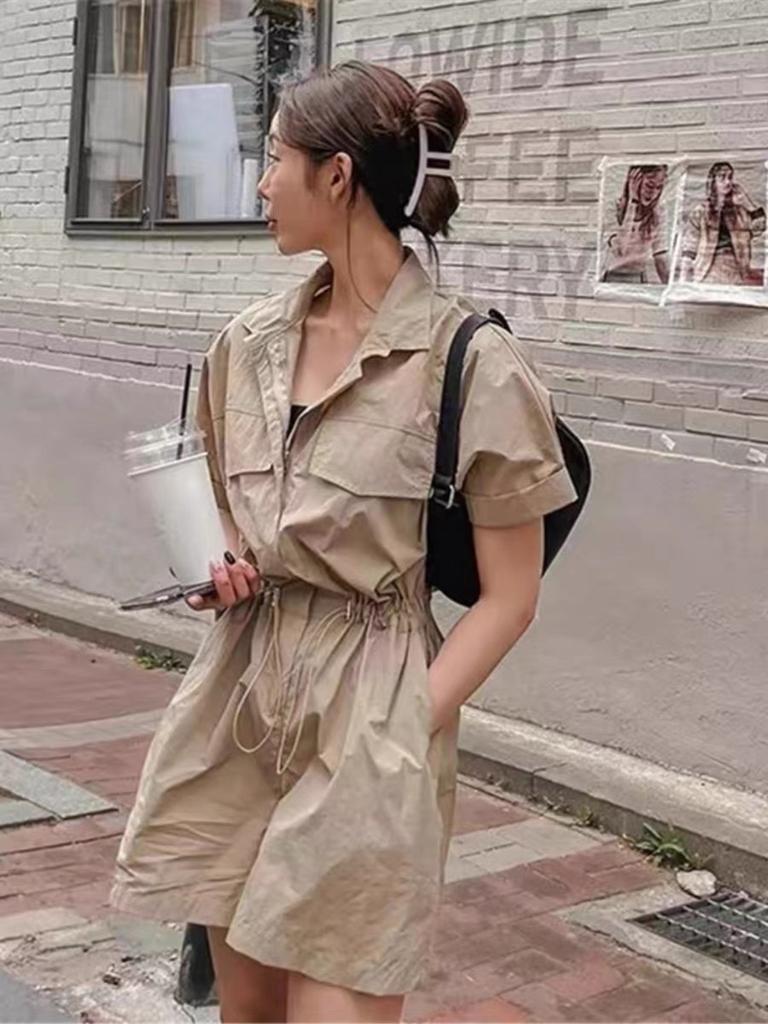 Tooling jumpsuit women's summer new casual versatile drawstring waist thin small wide leg shorts tide