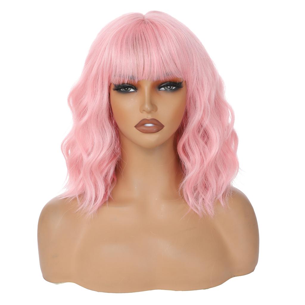 Bob Wig With Bangs 12 Inch Short Wavy Bob Wig Synthetic Blue Orange Pink Yellow Purple Red Wigs For Women Cosplay Halloween Daily Use