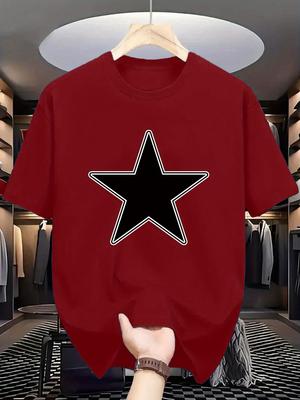 [Star-Print Casual Tee] Comfortable Star-Print T-Shirt - Men's Casual Round Neck Tee with Geometric Design, Five-pointed Star,