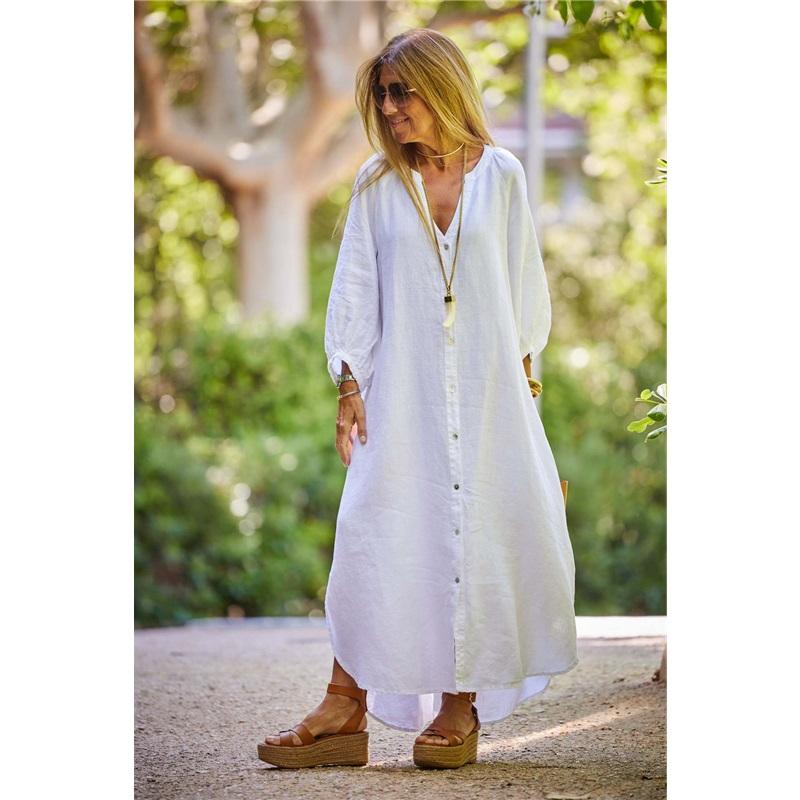 Summer New Style Women's Cotton And Linen Shirt Casual Long-sleeved Cardigan Dress V-neck Solid Color Loose Beach Skirt