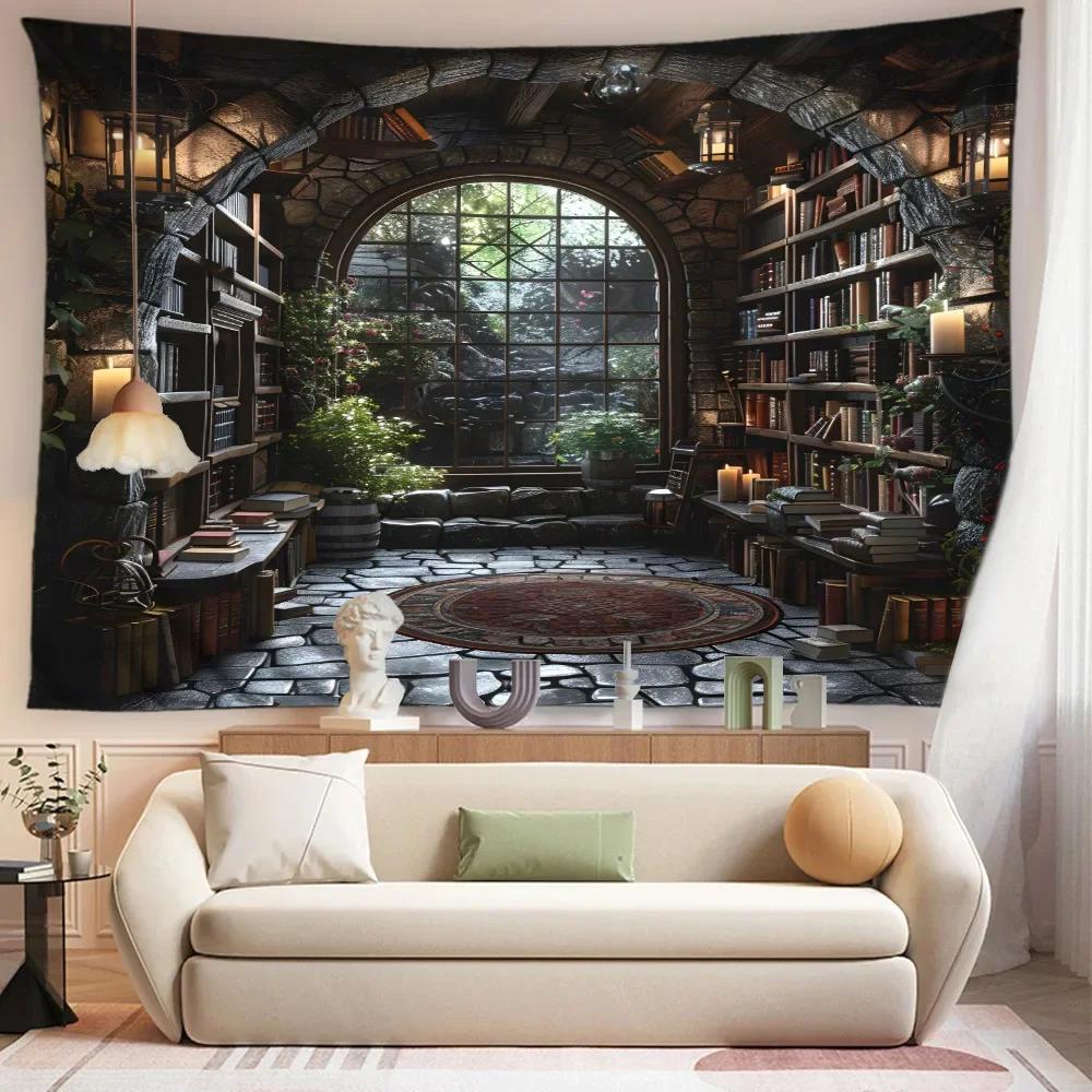 Mysterious Library Wall Tapestry, Medieval Bookshelf & Gothic Window Art, Cozy Home Decor For Room & Study