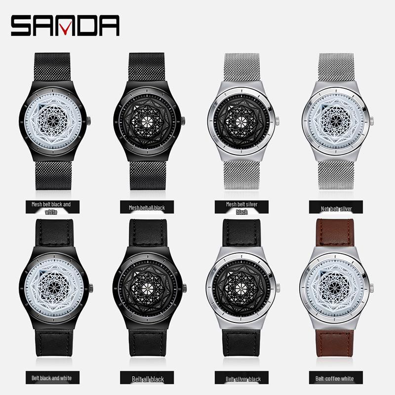 Sanda Men's Quartz Watch with Geometric Dial and Leather or Mesh Strap