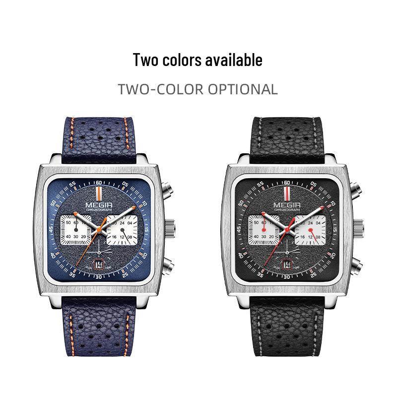 MEGIR Men's Leather Square Chronograph Quartz Watch