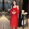 Xia Chunyi mesh nightdress lace lace long sleeve two-piece set fairy style court retro with chest pad