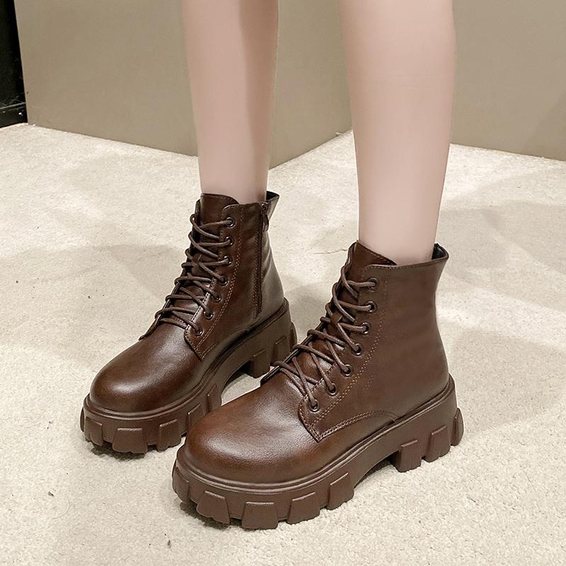 

Модные женские ботинки из искусственной кожи 2025 Осень Новая обувь Женская мода Шнуровка Ботильоны Женские Массивный каблук Платформа Мотоциклетные боты 35