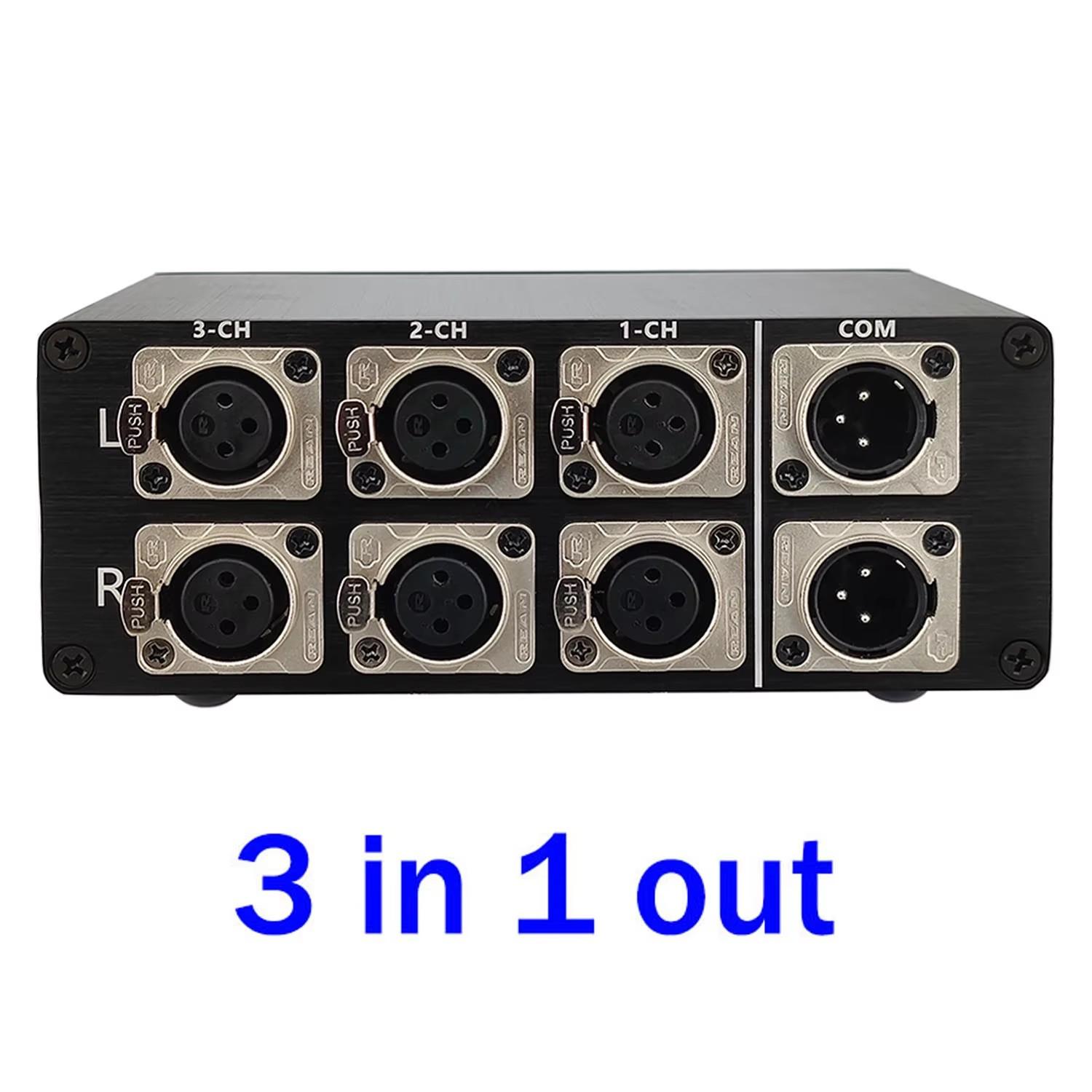 

Выход 1 на 3 Выход 3 на 1 Аудиовход Сигнальный кабель XLR Переключатель разветвителя Переключатель-переключатель Разъем источника сигнала Шальтера Переключатель XLR 3 in 1 out